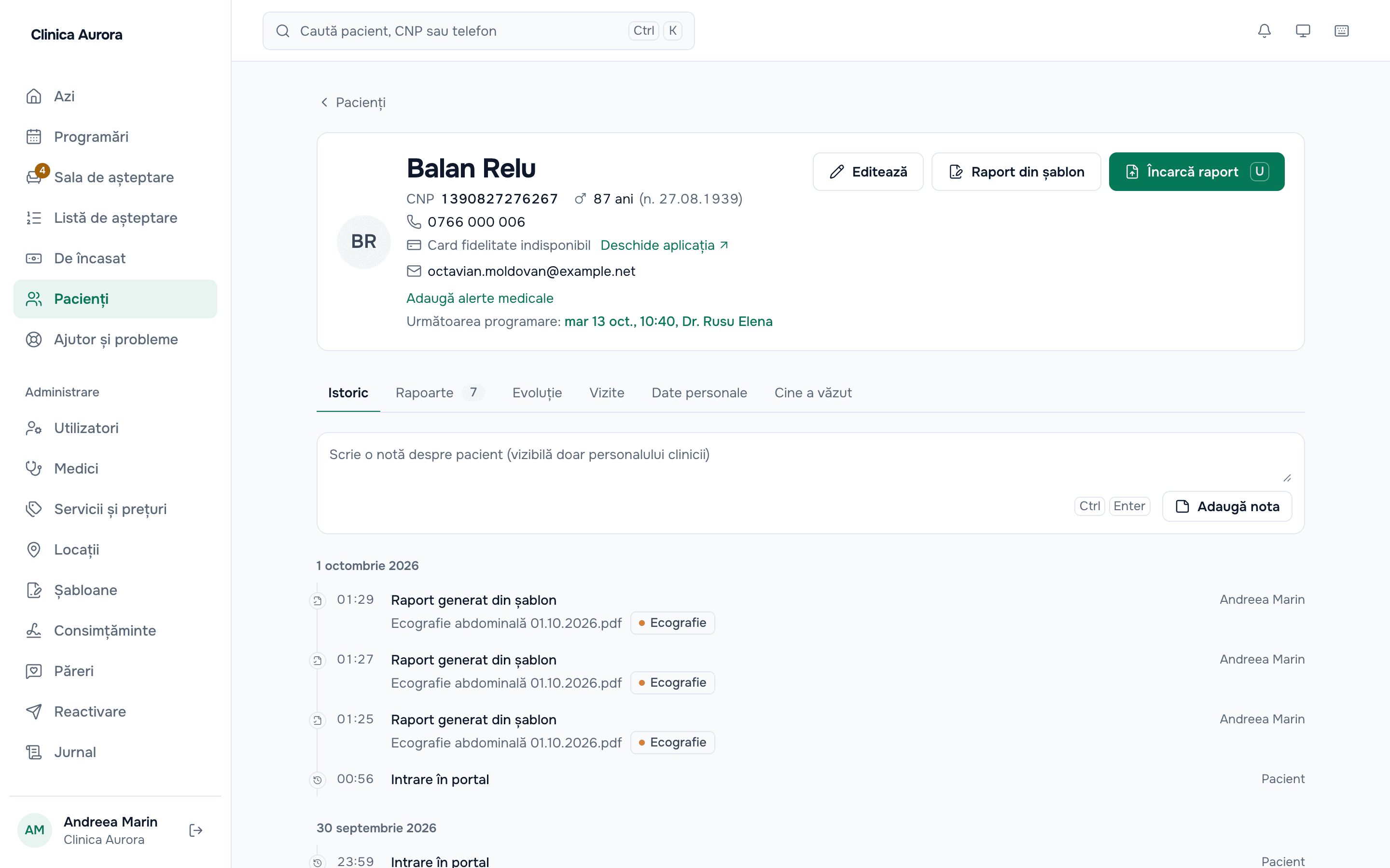 A patient record in Pacient+, in a demo clinic with fictional data