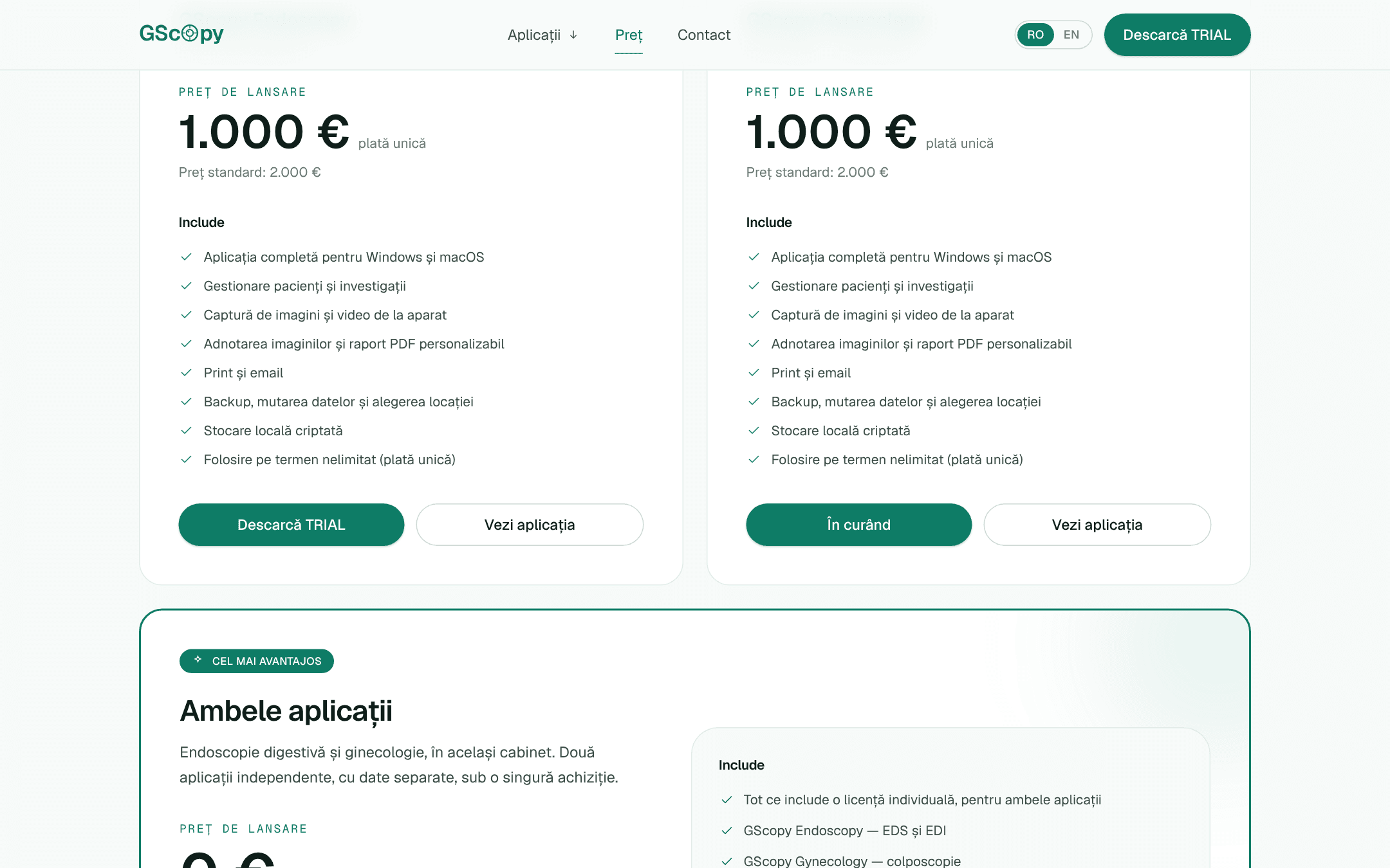 Pagina de preț cu pachetul Ambele aplicații și prețul de lansare
