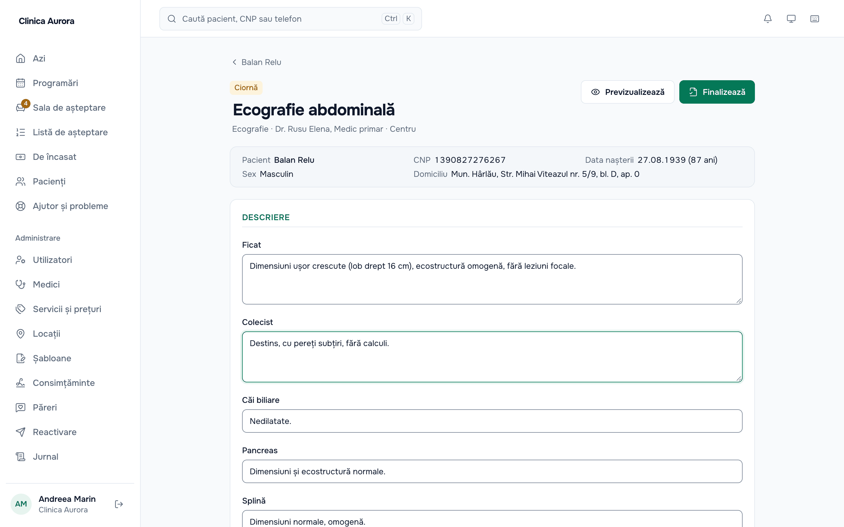 A report built from a template, open in the editor with the clinic letterhead