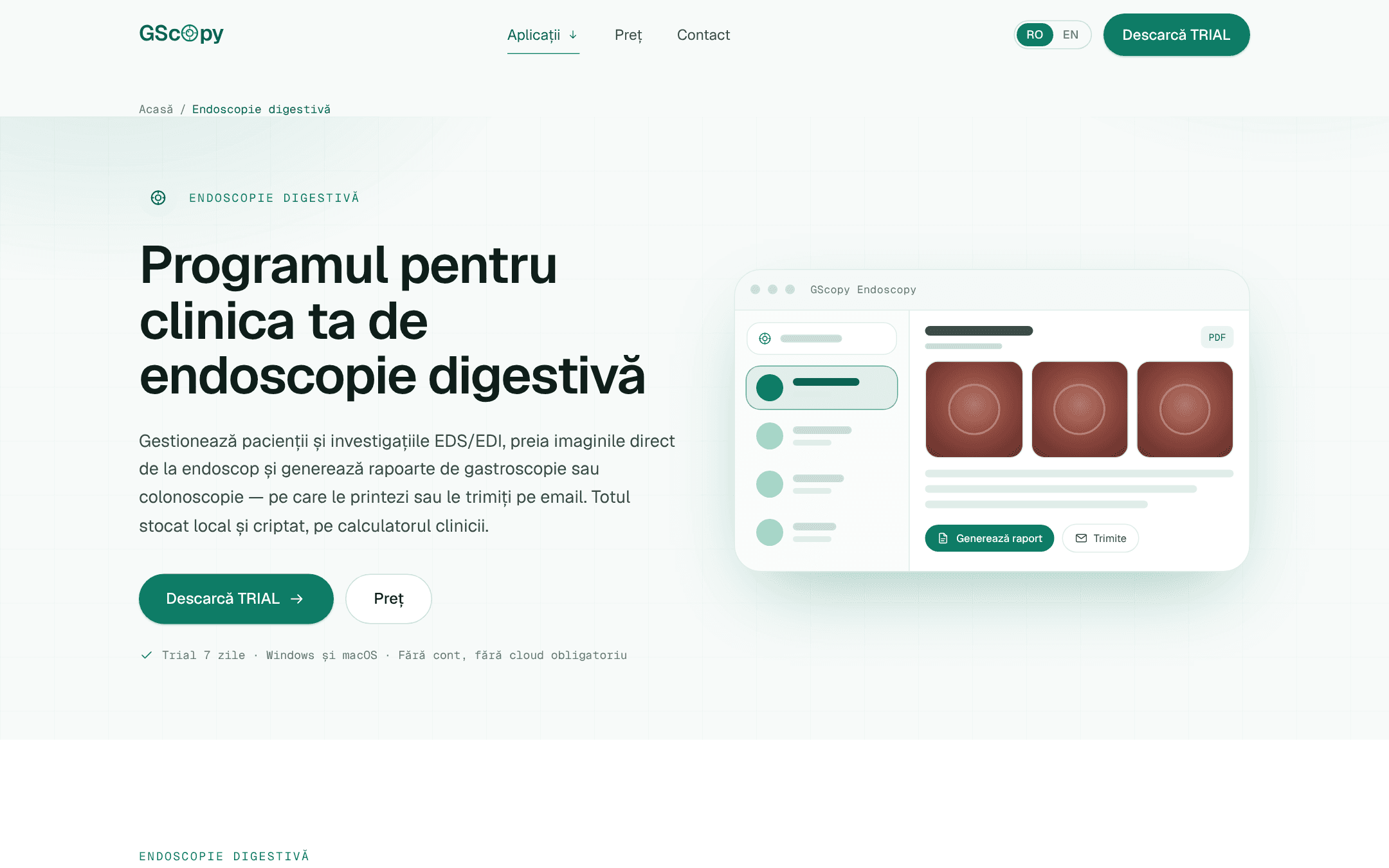 The GScopy Endoscopy page with the headline about the program for your digestive endoscopy clinic and the app mockup