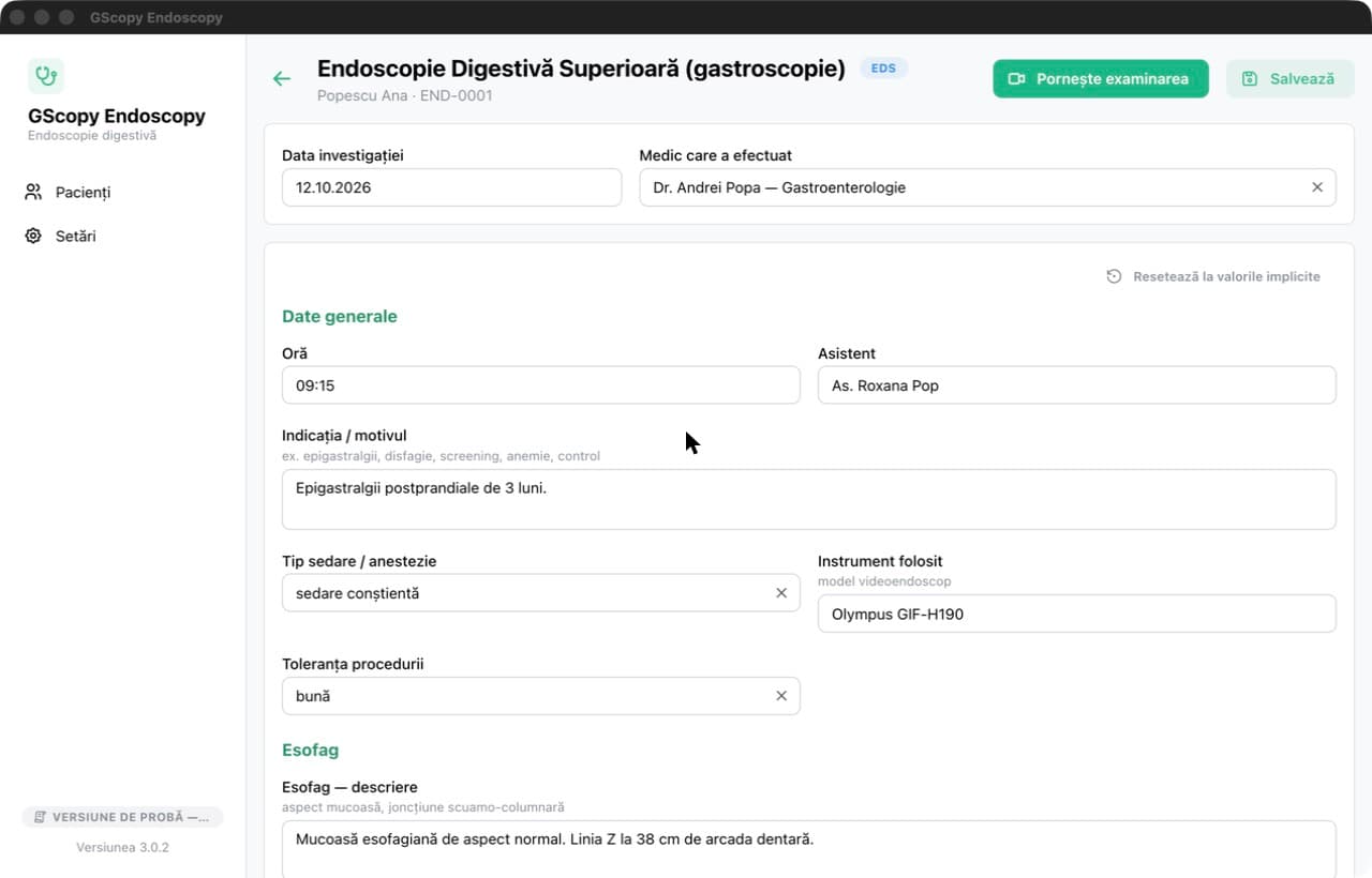 Formularul de gastroscopie cu secțiunile Date generale, Esofag, Stomac și Duoden
