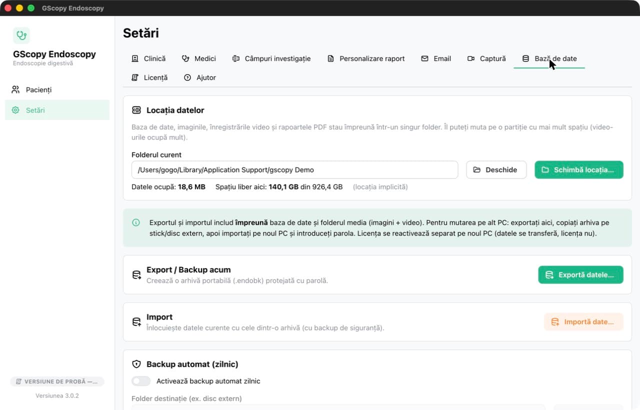 Database settings: data location, export, import and automatic backup