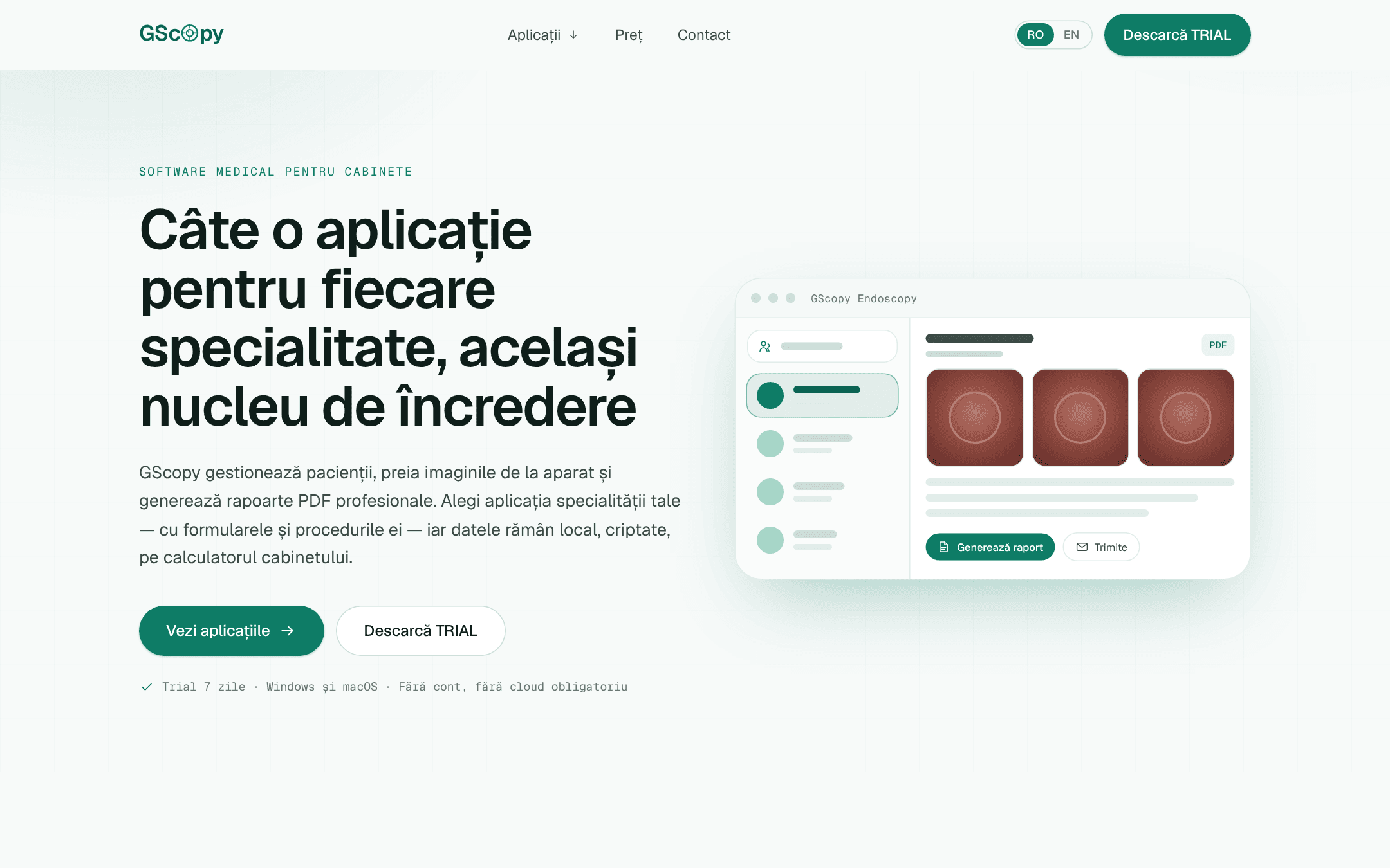 The GScopy home page with the headline about one application per specialty and the buttons See the applications and Download TRIAL